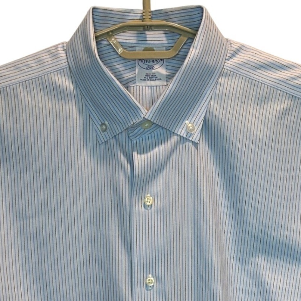 Brooks Brothers 346 Shirt 17.5 34/35 Mens Blue Brown Pinstripe Slim Fit Non-Iron